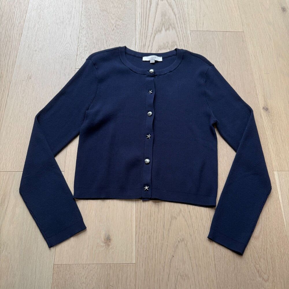 J Crew Navy Ribbed Top Sweater with Seashell & Starfish Buttons